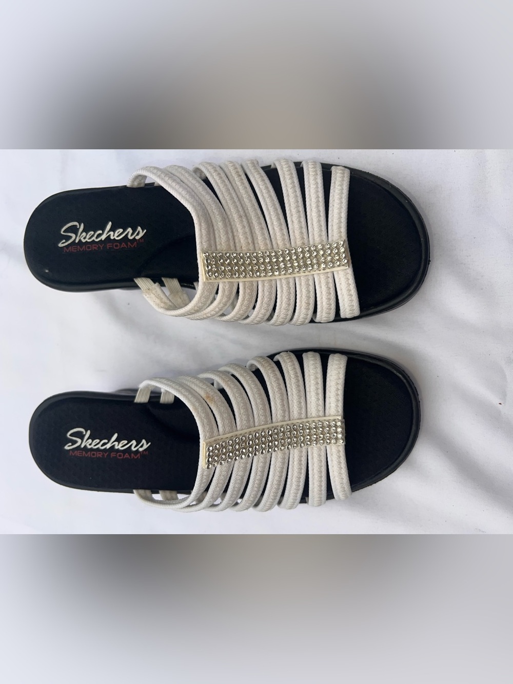 Skechers White Multi-Strap Slip-On Sandals with Rhinestone Band